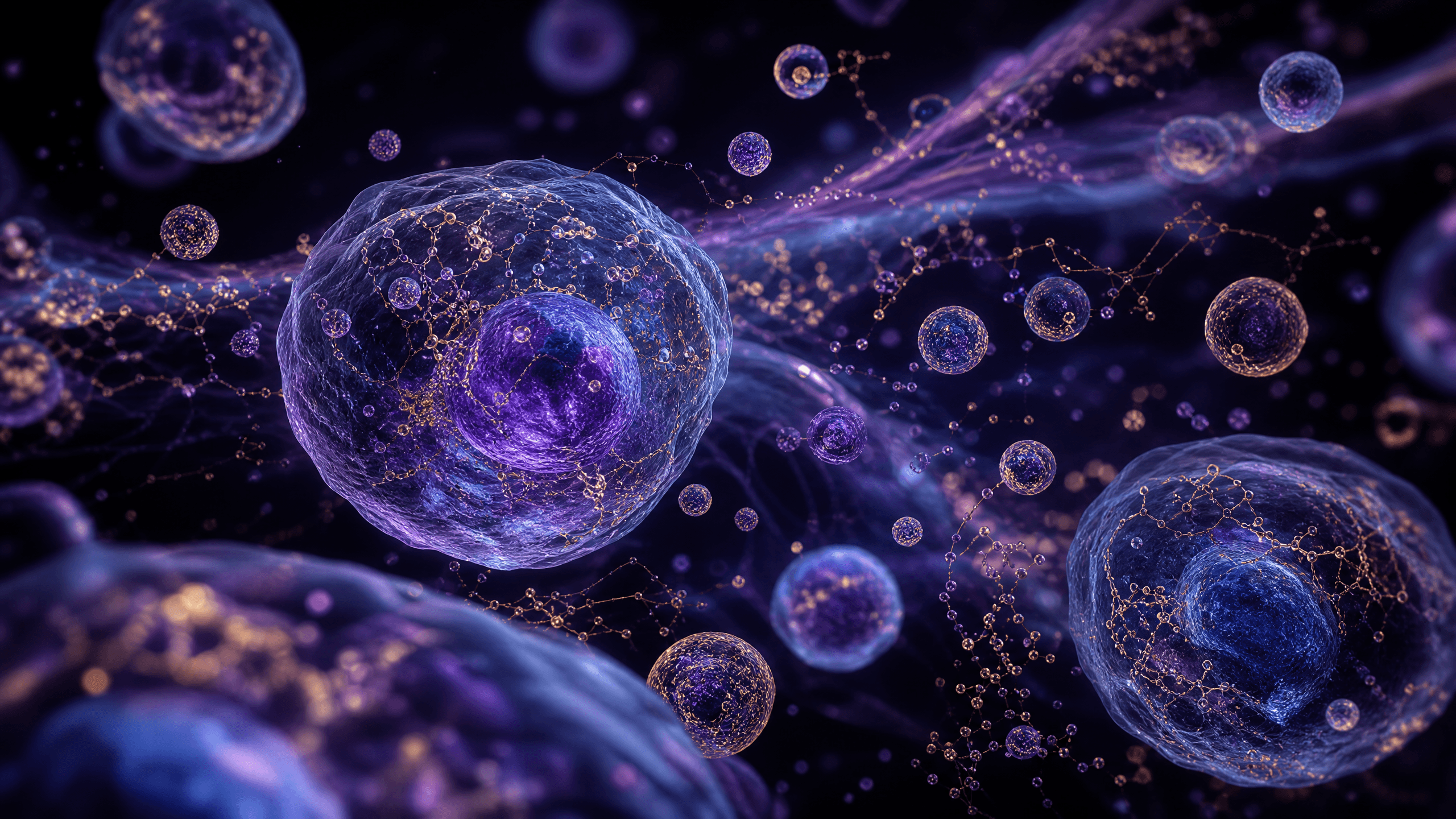 Abstract scientific illustration of cells and extracellular vesicles in a fluid field, for educational reference