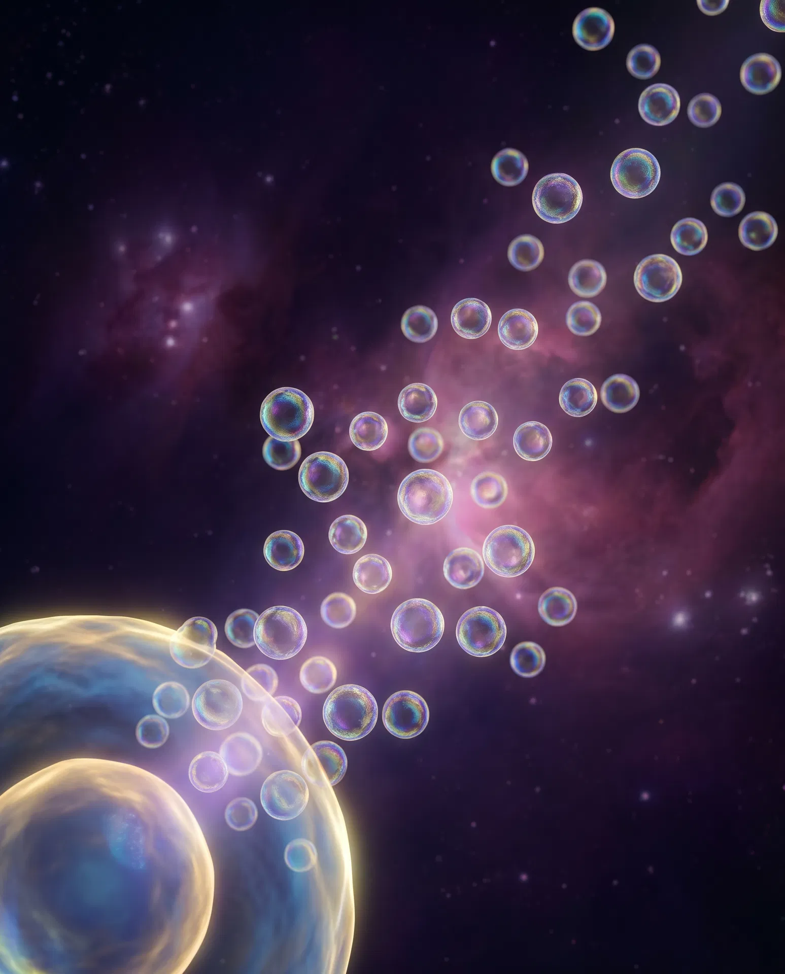 Iridescent extracellular vesicle bubbles drifting from a glowing parent cell on a cosmic background