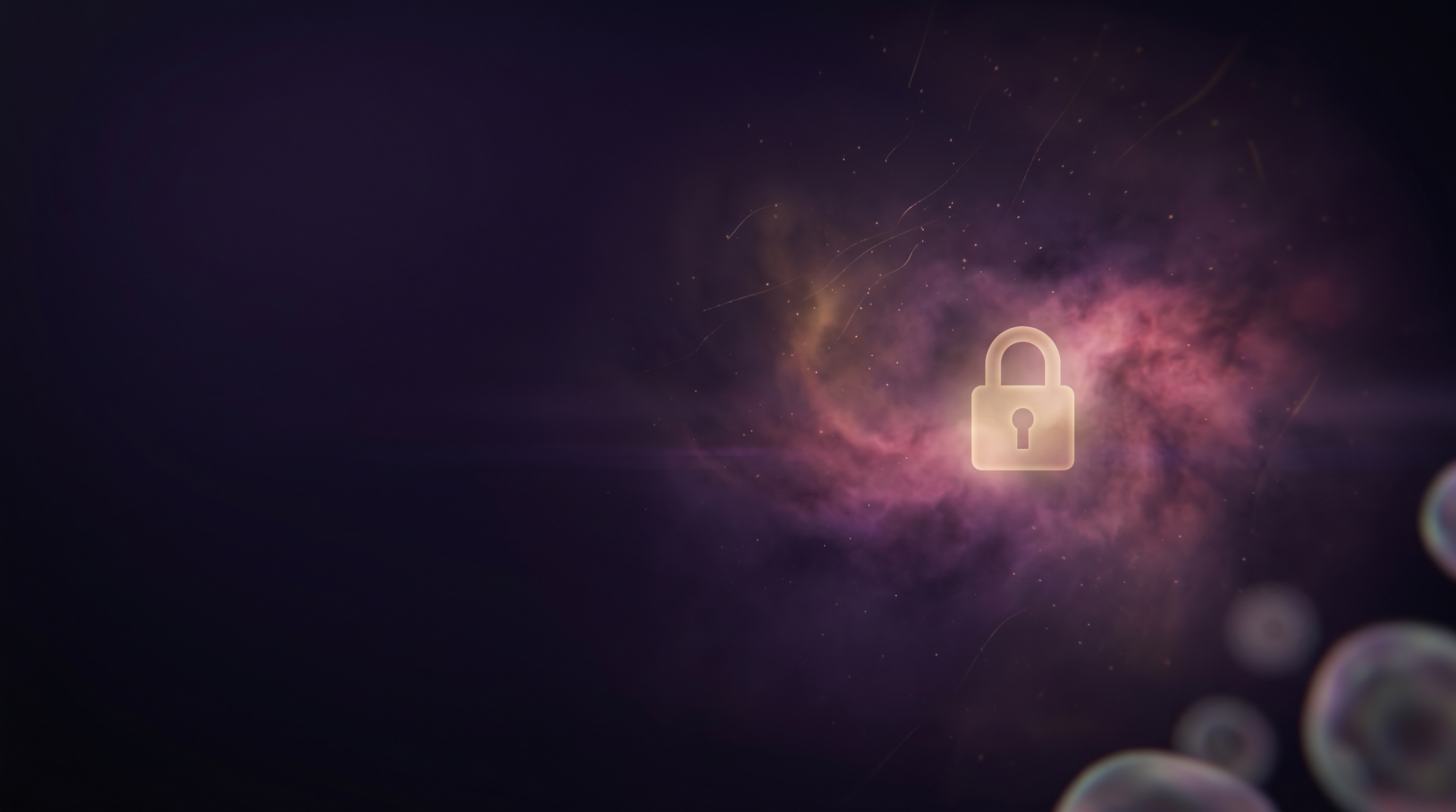Faded warm-gold padlock floating in a rose-pink and violet nebula on a deep near-black background